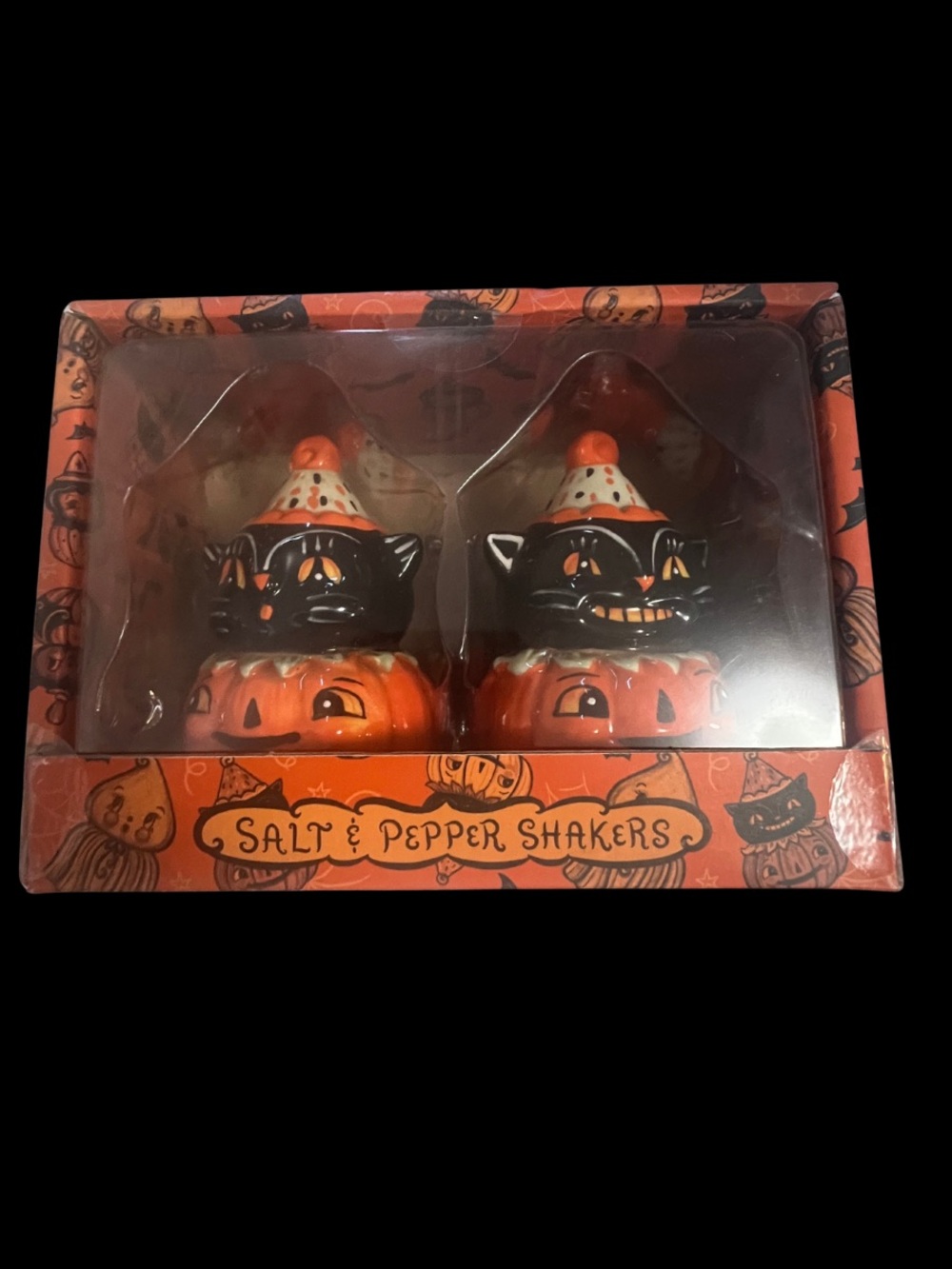 Johanna Parker JPD Vintage Style Black Cat Pumpkin Salt & Pepper Shakers NIB